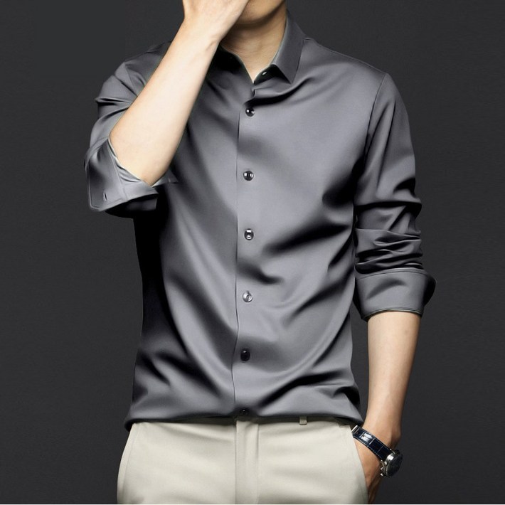 IEDUOS남성 고급 슬림 구김 방지 스판 정장 긴팔 셔츠 남자 빅 사이즈 실켓 링클프리 와이셔츠