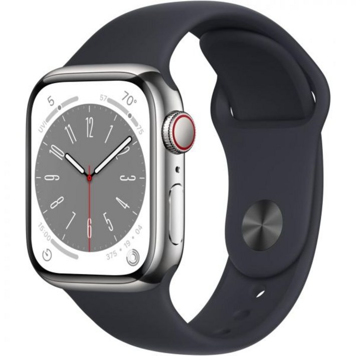 Apple Watch 시리즈 8GPS  셀룰러, 41MM  미드나잇 스포츠 밴드가 있는 실버 스테인리스 스틸 케이스, ML아마존 공식 리퍼비시