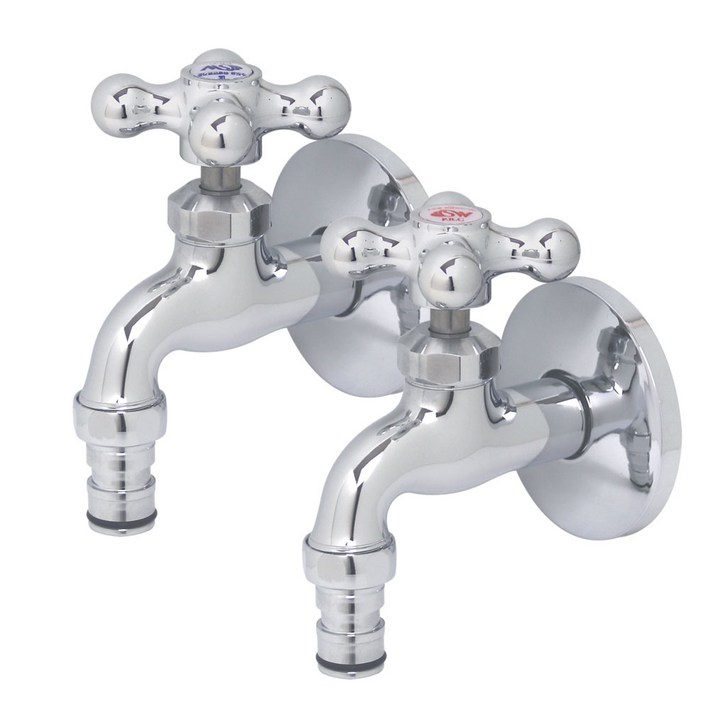 에이치바스 냉수온수세트 KC인증 고급형 십자핸들 커플링 세탁기 수도꼭지 베란다 발코니 수전, 1개