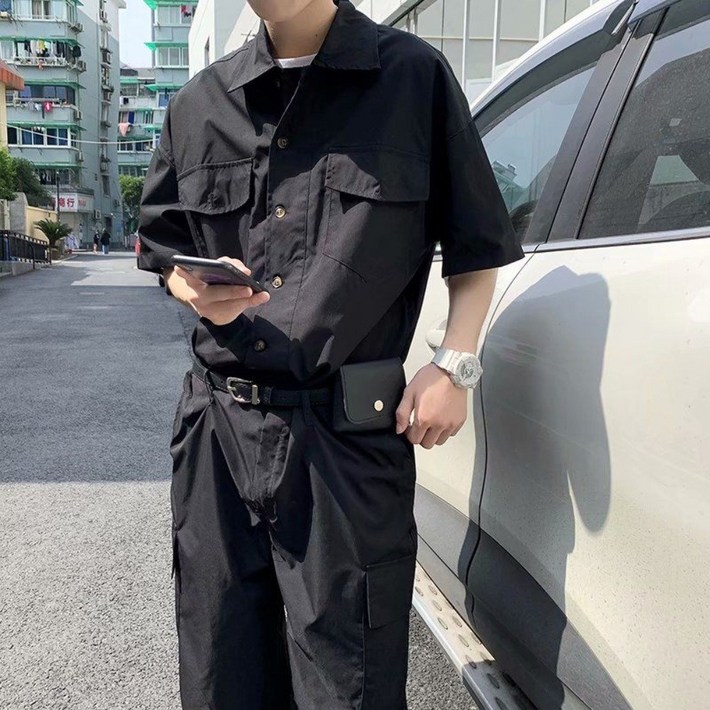 남성 여름 얇은 기능성 윈드 포켓 반팔 점프슈트 오버핏 캐주얼 스트랩