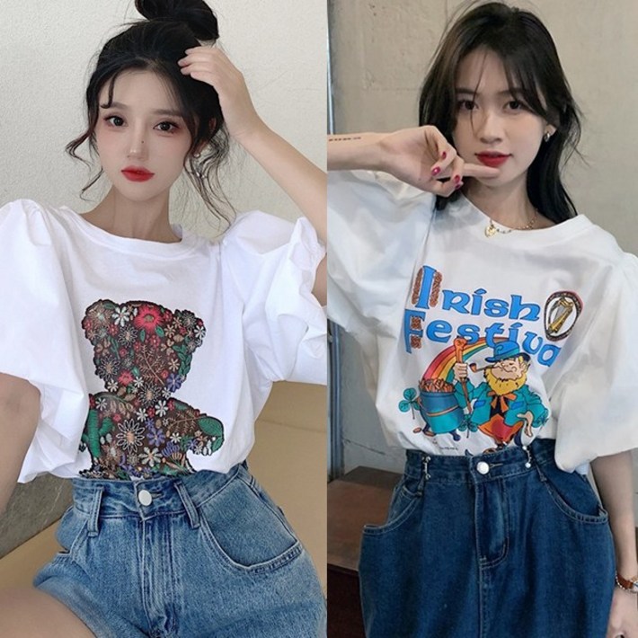 2장 세트 반팔 벌룬 소매 티셔츠 퍼프소매T 2장 세트 반팔 벌룬 소매 티셔츠 퍼프소매T