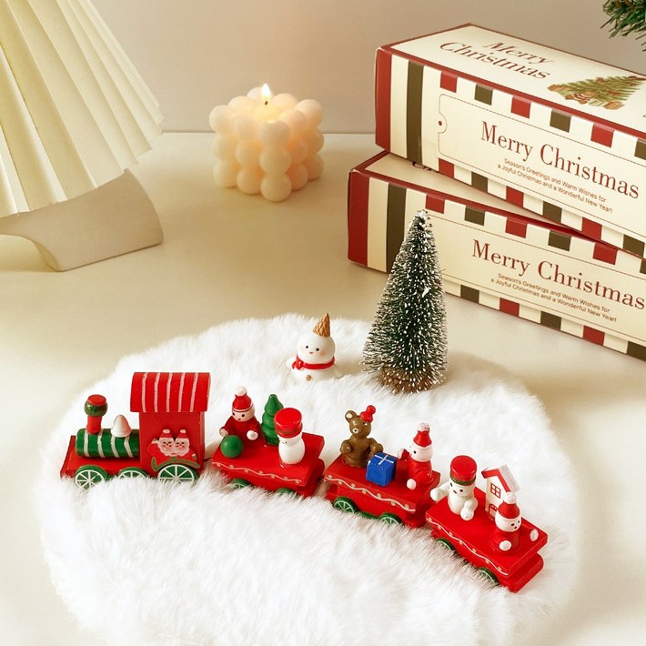 겨울 인테리어 장식 소품 미니 원목 나무 기차러그트리 미니어처 선물 세트, 레드