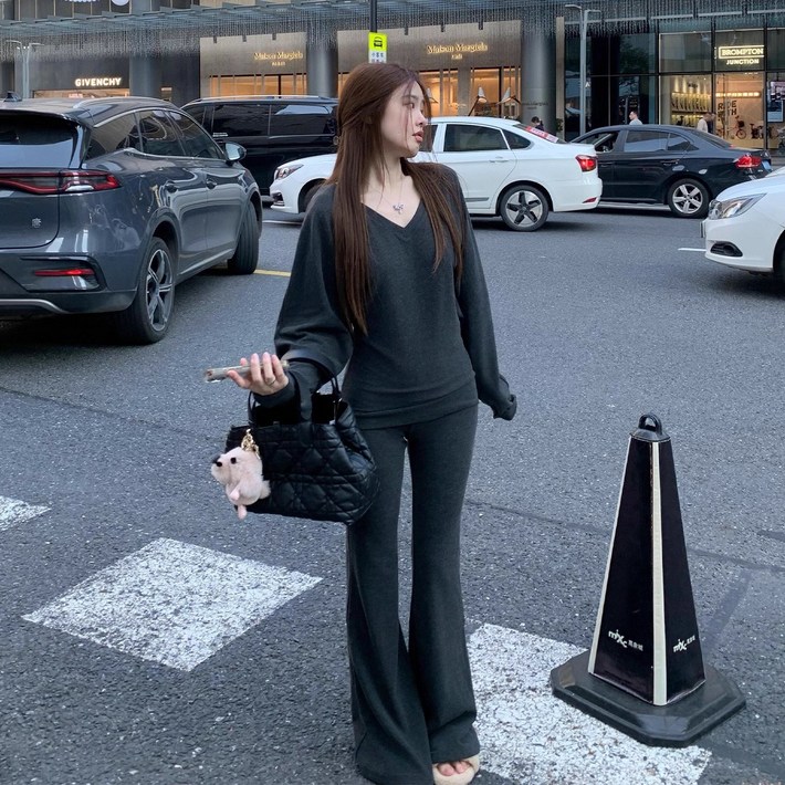 ANYOU 여성 트레이닝복 세트 브이넥 트레이닝 세트 와이드 팬츠 세트 봄가을 츄리닝세트