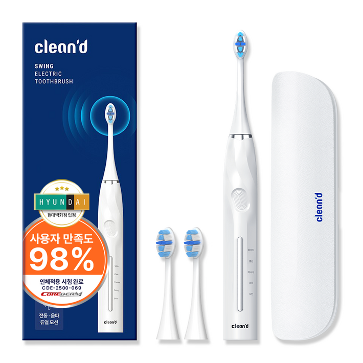 클린디 회전음파 전동칫솔 스윙45 FDA 인증완료 칫솔모 유럽 ROHS 인증 45도 바스법 플라그 제거 효과 IPX7 방수, 1개, 화이트, 단일상품