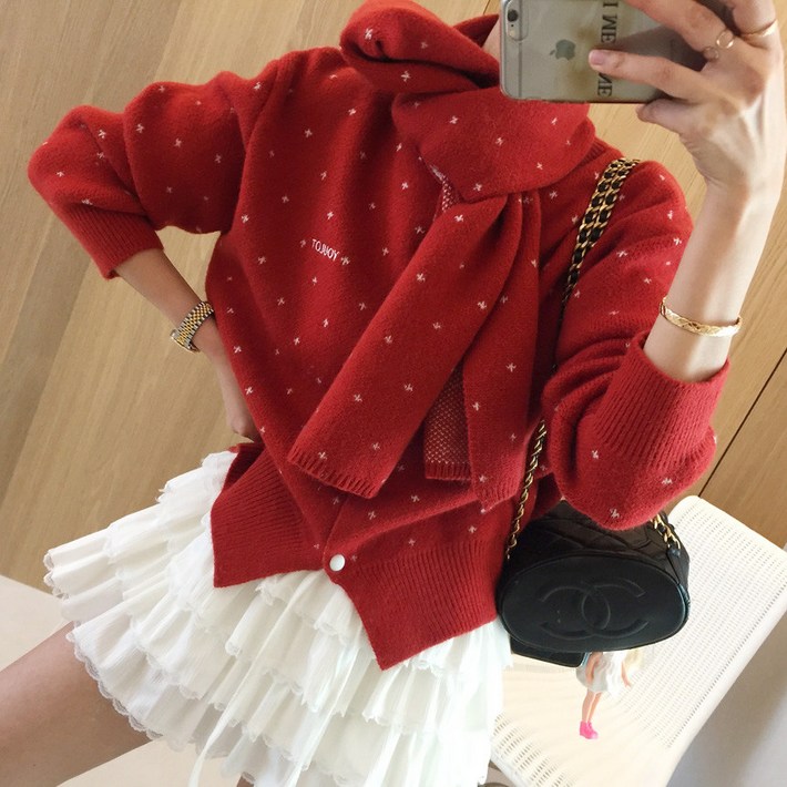 아이미마인 머플러세트 노카라 라운드 눈꽃 패턴 겨울 투피스 니트가디건 3color