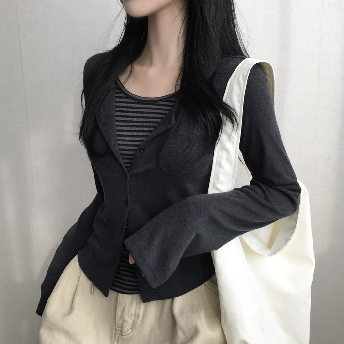 가디건입은듯 일체형 이중 단가라 레이어드 긴팔티셔츠 2color