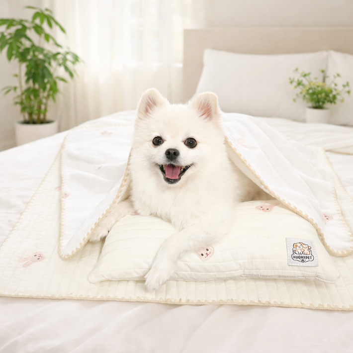 허그마이펫 반려동물 토끼자수 낮잠 이불세트 3종 이불베개패드, 크림, 2세트