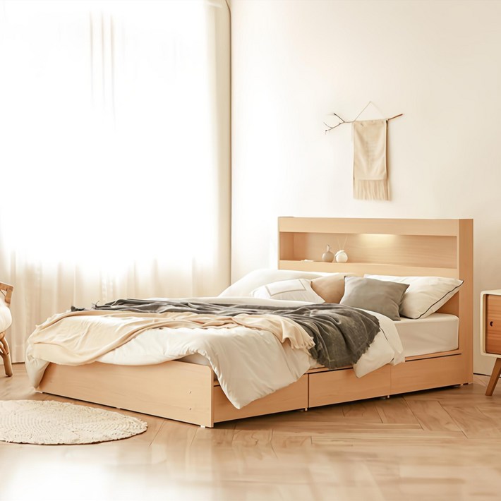 동서가구 이즈 카이 LED 1단 3서랍 수납침대 프레임  본넬 양면 매트리스 세트 방문설치, 메이플  화이트