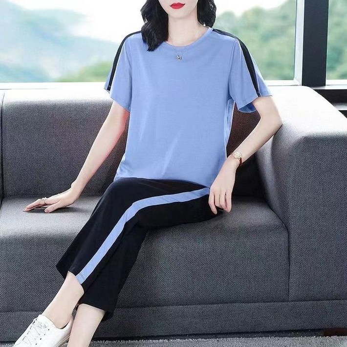 봄 뉴 코튼 스포츠웨어 세트 여성 스티칭 반팔 티셔츠 루즈 슬리밍 캐주얼 바지 투피스 여성 스포츠 의류 여성 스포츠 세트 봄 뉴 코튼 스포츠웨어 세트 여성 스티칭 반팔 티셔츠 루즈 슬리밍 캐주얼 바지 투피스 여성 스포츠 의류 여성 스포츠 세트