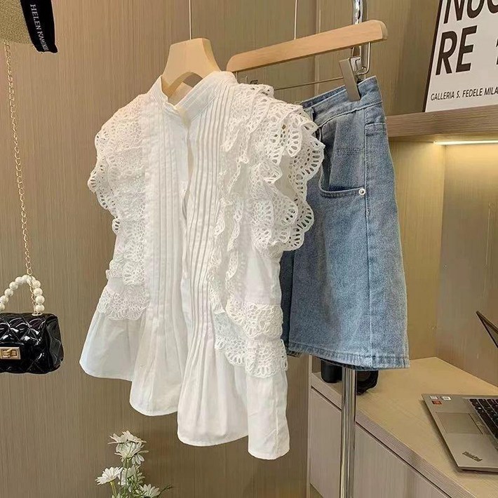 여름 펀칭 블라우스 린넨 제이플로우 넥프릴 민소매 퍼프 아일렛 반소매