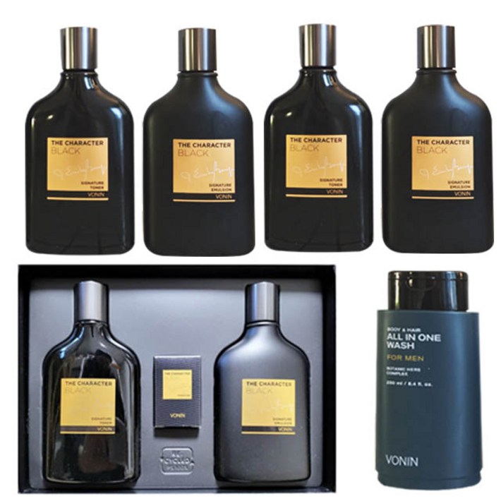 보닌 더 캐릭터 블랙 시그니처 알뜰세트구성 2종세트1개  로션2개  토너2개  샴푸1개   남성기초 화장품
