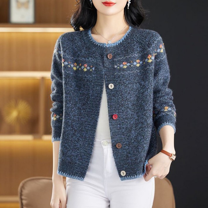 ROYALBELLE 여성 쇼트핏 프린트 긴팔 카디건 캐주얼 간절기 루즈핏 라운드넥 니트 코트 V082315