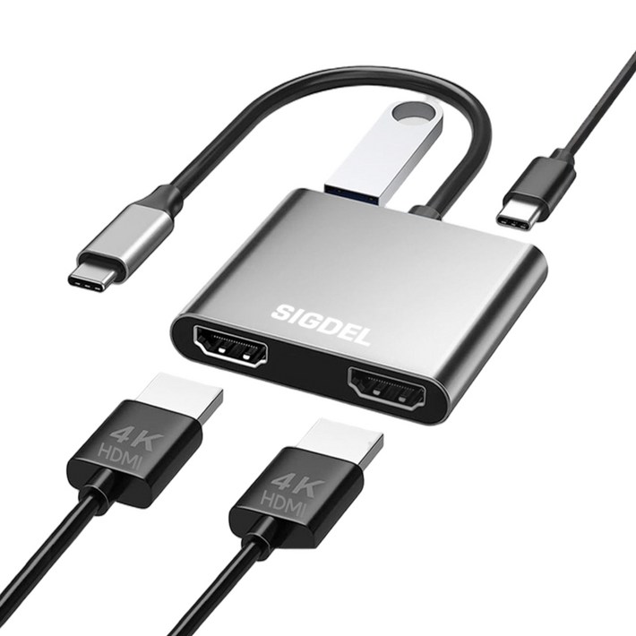 시그델 C타입 C TO HDMI 4in1 듀얼 모니터 2대 확장 3분할 연결 화면 분배기 4K 멀티 USB 3.0 PD90W 노트북 컴퓨터 젠더 허브 M01, 메탈실버, 1개