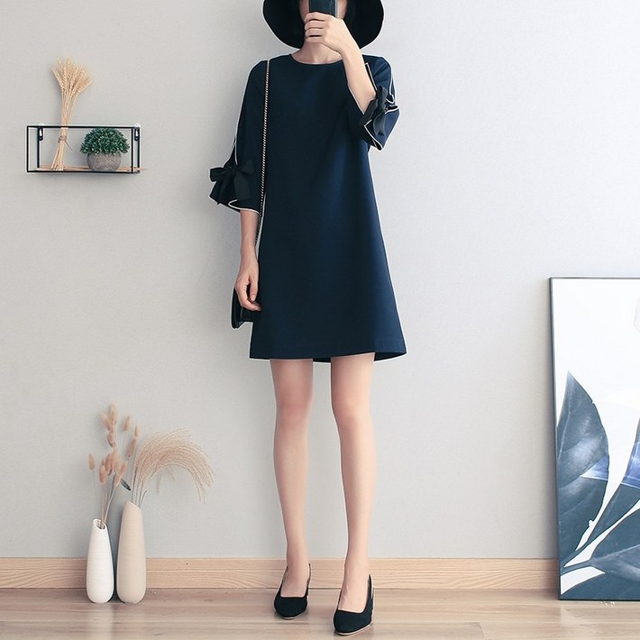 Maje Franch 네이비 블루 드레스 여성 여름 새로운 느슨하고 얇은 라운드 넥 5 점 소매 A 라인 스커트