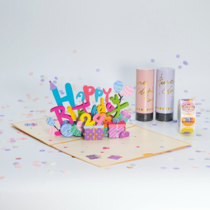 JIU 3D 입체 팝업 생일 축하 카드 + 꽃가루 컨페티 2개 세트, 세트B - 쇼핑앤샵