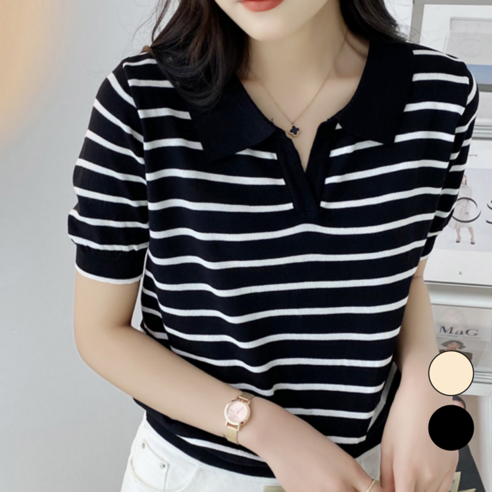 핏몬 쿨 아이스 스트라이프 카라 브이넥 반팔 니트