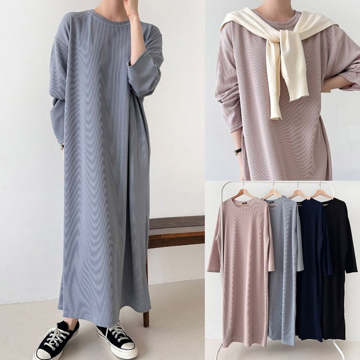 아이우먼 여성 빅사이즈 골지 롱 원피스 박스 긴팔 오버핏 가을 스판 ops 55110 size 여자큰옷