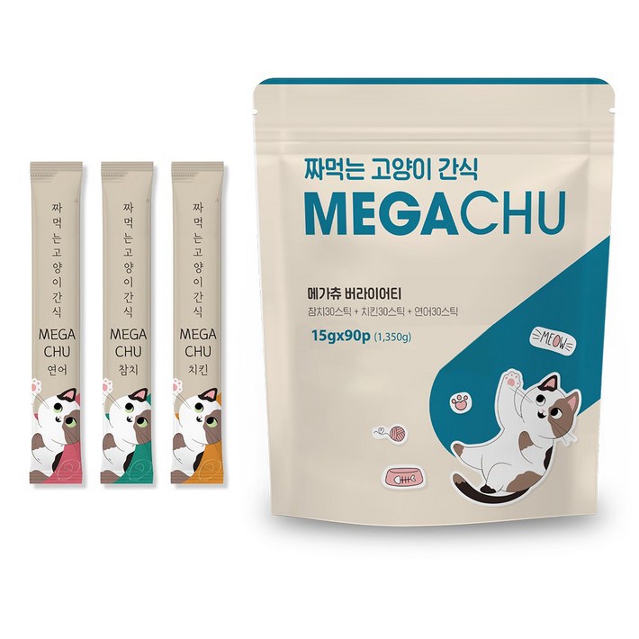 메가츄 짜먹는 츄르 고양이간식 90스틱 대용량, 연어치킨참치, 15g, 90개