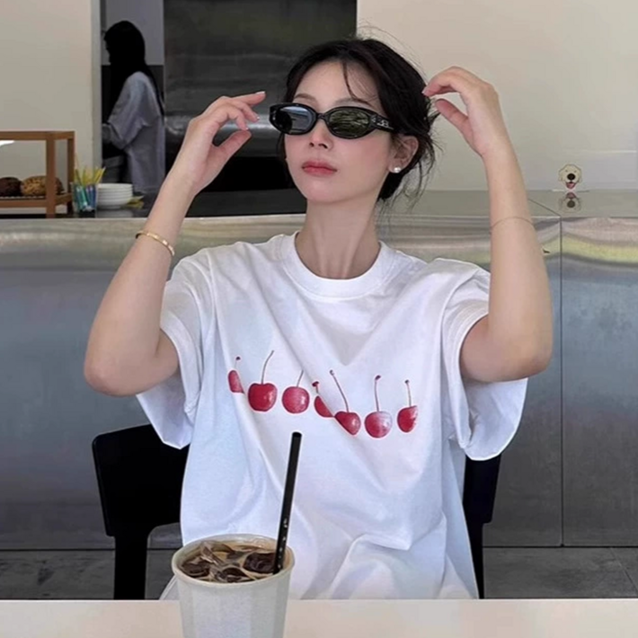 소스룸 체리 라운드넥 면 반팔티 레이어드 루즈핏
