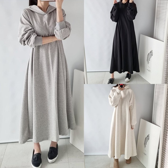 빅사이즈여성의류 특양면 플레어 후드 기모 롱 원피스 후레아 디자인 캐쥬얼원피스 6699 size 큰옷