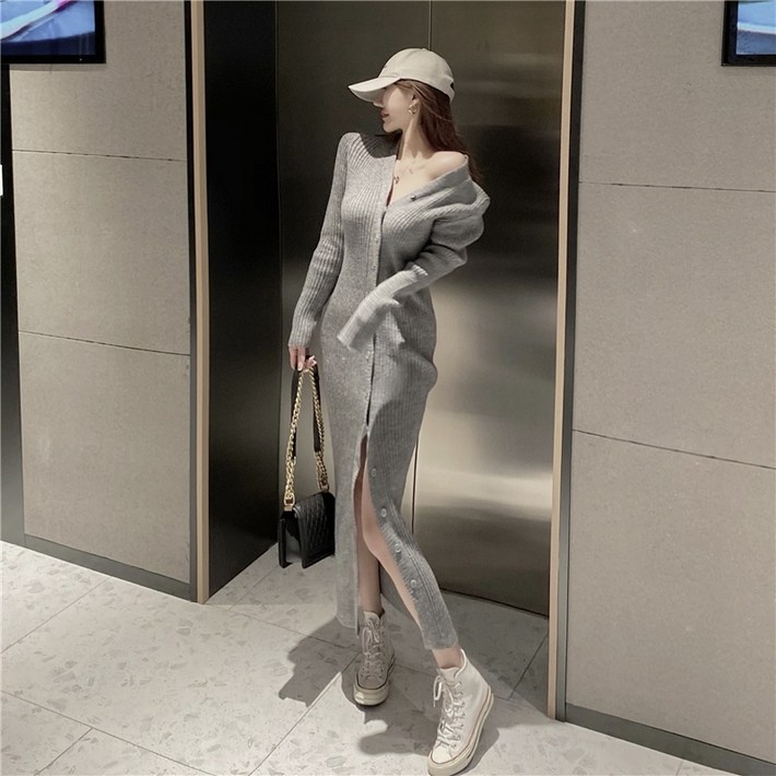 패피놀이 예쁜스타일링의 완성 스타일리쉬한 골지니트 롱니트드레스 HIGH QUALITY STYLISH KNIT BUTTON LONG KNIT DRESS