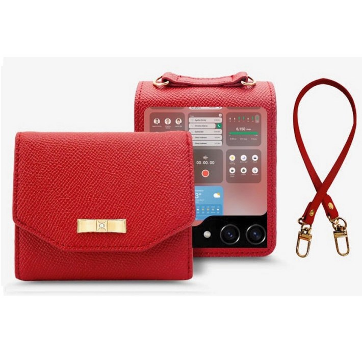 갤럭시  Z플립5  쥬엘 천연 소가죽 금속장식 지폐1칸카드4장 수납 지갑형 케이스  핸드스트랩