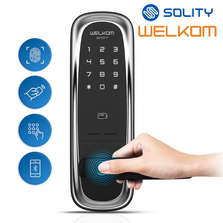 전국설치 솔리티 웰콤 사이언플러스 무타공 도어록 지문인식카드키2개번호키 블투투스옵션 즉시잠금 빠른지문인증 0.9초 마스터번호카드기능 내부이중잠금 현관문 디지털도어락, 웰콤 사이언플러스, 방문설치