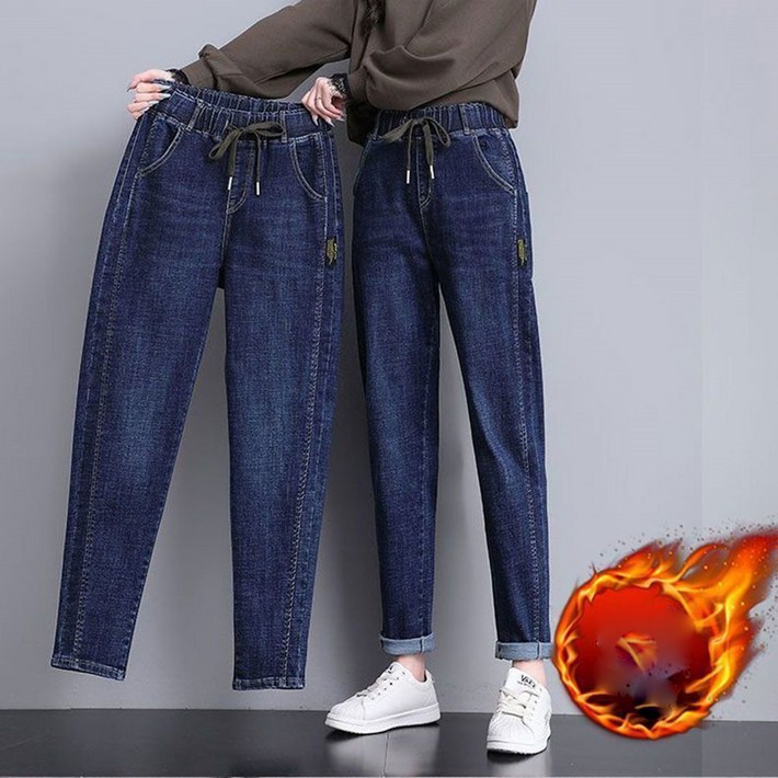 TKX 기모 청바지 여성 가을 겨울 따뜻한 캐주얼 허리 스트링 팬츠 배기핏 K37