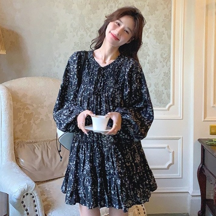 Wiseha 여성 키작녀 플라워 원피스 봄 가을 캐주얼 데이트룩 미니원피스