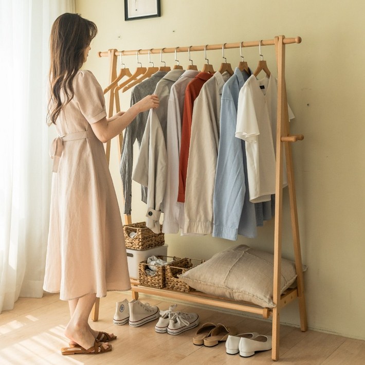 해브투해브잇 고급형 우드행거 원목스탠드옷걸이 튼튼한 나무행거, 베이지목재