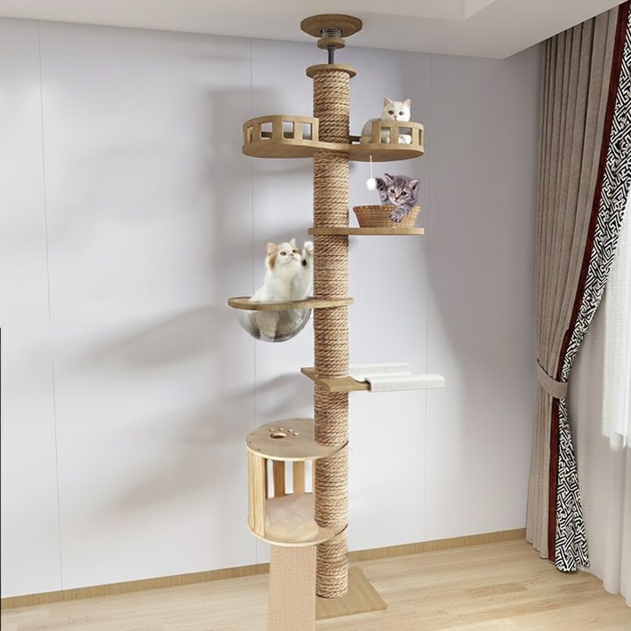 포조이 캣폴, 튼튼한 다기능 고양이 캣타워, 원목 대형 멀티 클라이밍 놀이터 링트리 등반 프레임  스크래쳐  고양이장난감