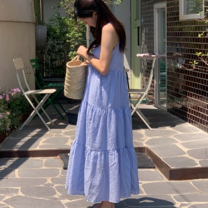 루어스룸 포레스트 여름 스트라이프 단가라 시어서커 지지미 스퀘어넥 휴양지 캉캉 플레어 뷔스티에 코튼 여름 드레스 롱 원피스블루