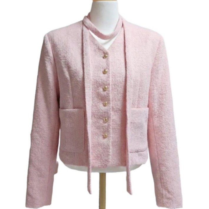 봄코디트위드자켓 핫밀크 노카라 끈자켓