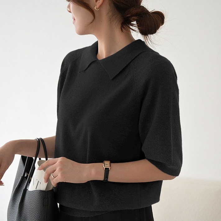 데일리앤 시프 여성 퍼프 5부 반팔 카라넥 니트 티셔츠 부드러운 가을 무지 나그랑 니트티