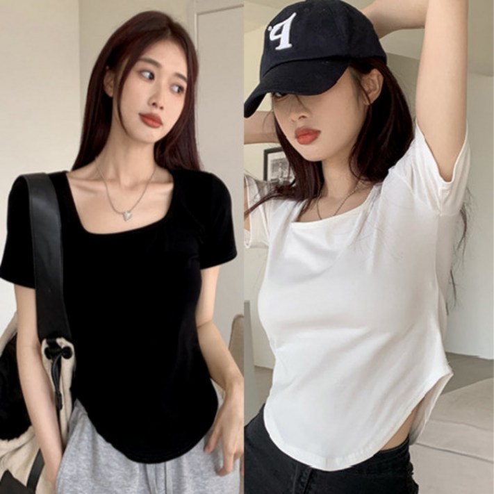 제이리스트 허얇골넓 밑단굴림 스퀘어넥 반팔 티셔츠 2P 핏보장 꾸안꾸 데일리룩 PSC060 제이리스트 허얇골넓 밑단굴림 스퀘어넥 반팔 티셔츠 2P 핏보장 꾸안꾸 데일리룩 PSC060
