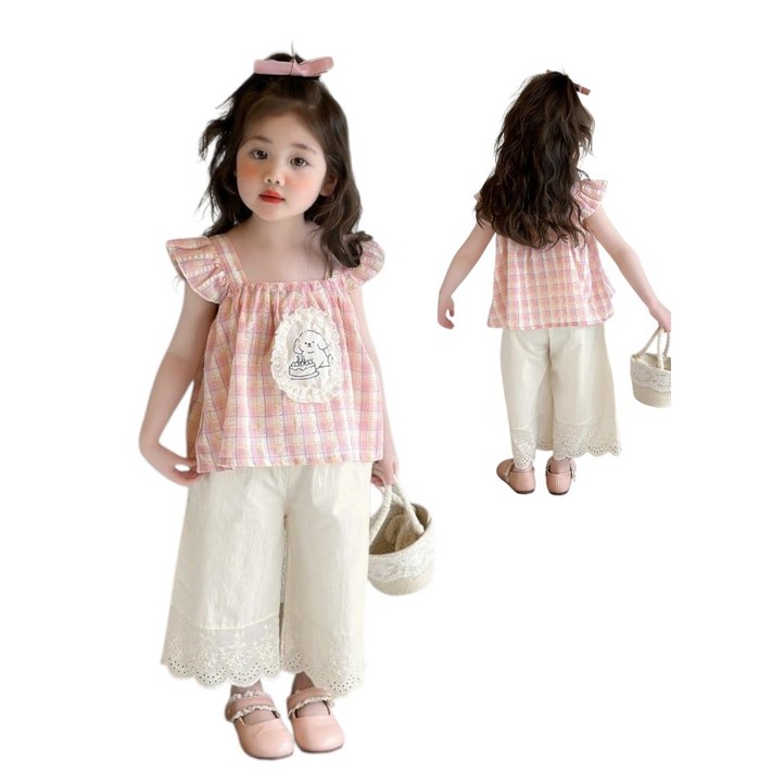 해피팡팡  여아 아동용 여름신상 프릴체크티셔츠바지 세트  바로배송 프릴체크베베상하복  2종set 여아 여름 상하복 프릴반팔 긴바지 상하의세트 외출복 나들이룩 휴가룩