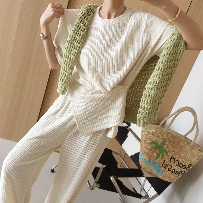 아이미마인 굿데이 링클프리 라운드 언발단추 반팔티 밴딩 와이드팬츠 여름 투피스세트 4color