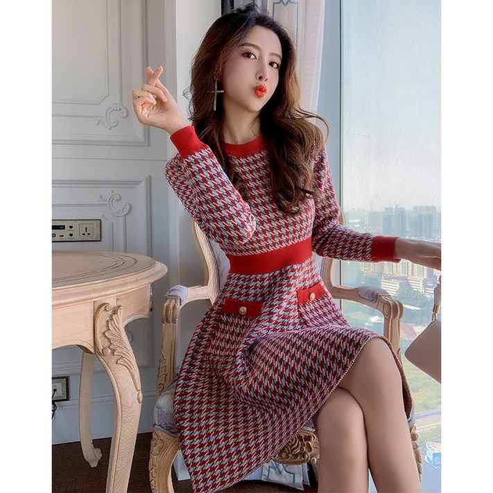 ForU 가을겨울 지금헤어지는중 송혜교 원피스 스타일 새 격자 무늬 최신상 스타일 드레스 여성 가을 겨울 드레스 허리 슬리밍 중간 길이 니트 A 라인 드레스 레드 빠른배송