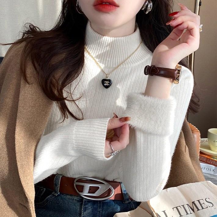 여성 데일리 겨울 이너 기모 융털 골지 터틀넥 목티 반목폴라 니트티