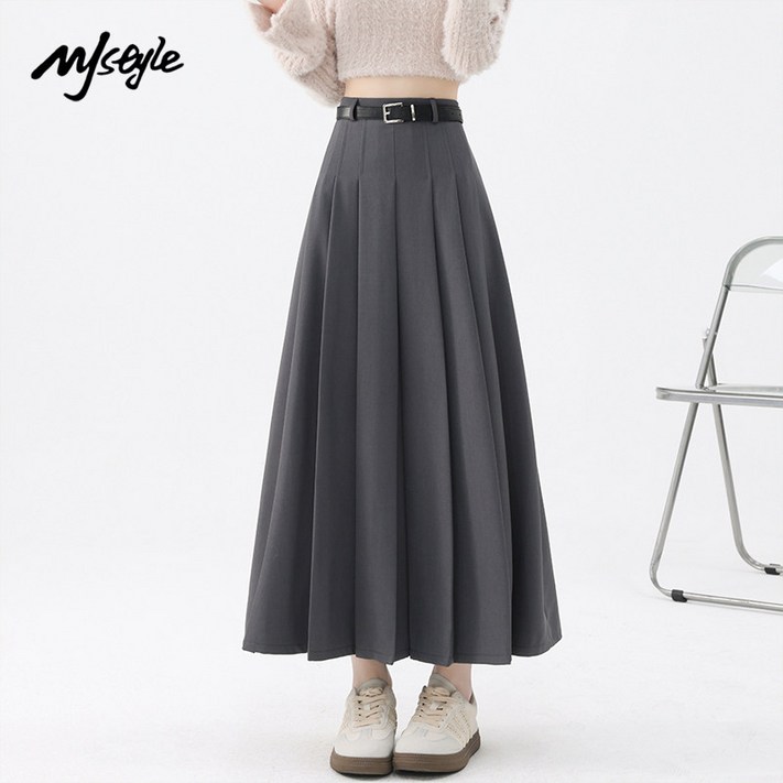 핀턱 플레어 플리츠 롱 플레어 스커트 주름치마 그레이 주름 정장 스커트 여성용 봄 신상 하이웨이스트 A라인 무릎 아래 중장 기장