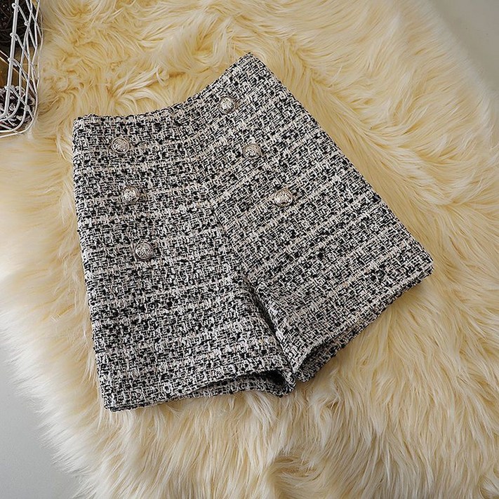 POMTOR 여성 캐주얼 트위드 반바지 패션 와이드팬츠