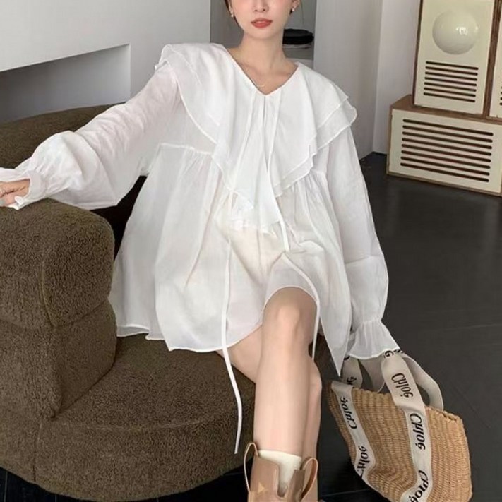 미중 여성 긴팔티 오버핏 루즈핏 데일리 빅사이즈 브이넥 프릴 봄 가을 긴팔 셔츠yf