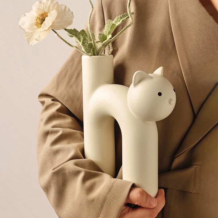 고양이 도자기 화병 오브제 꽃병, 아이보리
