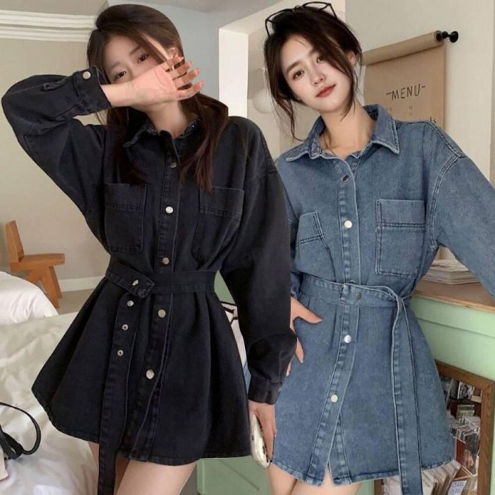 카라 셔츠형 세련된 패션 데님 벨트 포함 세트 원피스