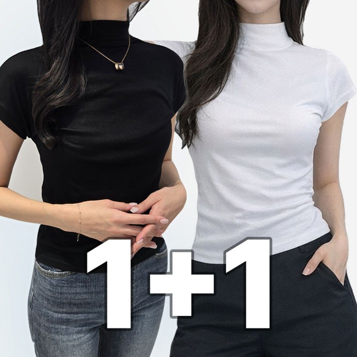 밀크린 여성 여름 목폴라티 반팔 나시 2종 세트 얇은 반소매 폴라티 티셔츠