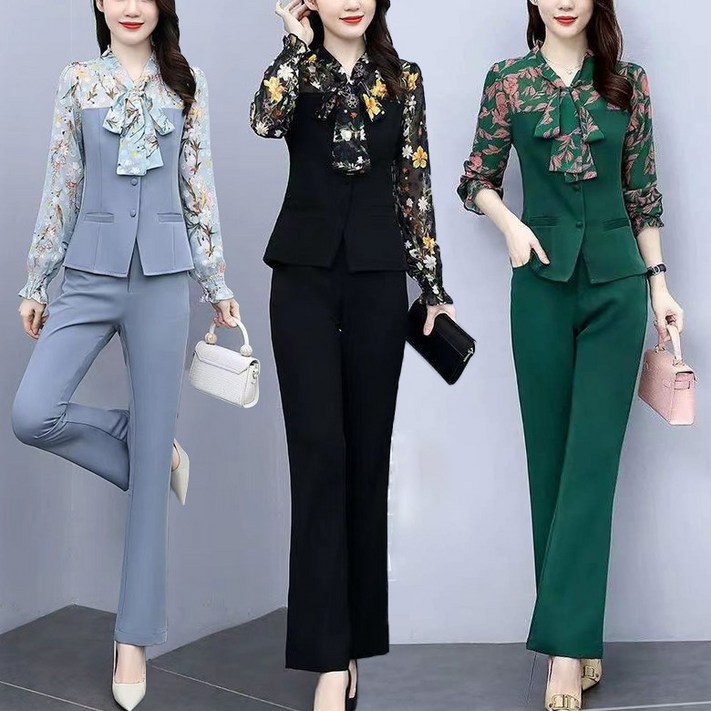 여성 잔꽃 쉬폰 블라우스  블랙 와이드 팬츠 밴딩 긴바지 오피스 봄 여름 하객룩 투피스 정장세트 출근룩