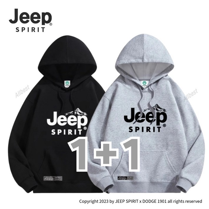 JEEP SPIRIT 지프 남자 여자 후드티 면 100 후드 티셔츠 오버핏 가을 봄 2장 세트