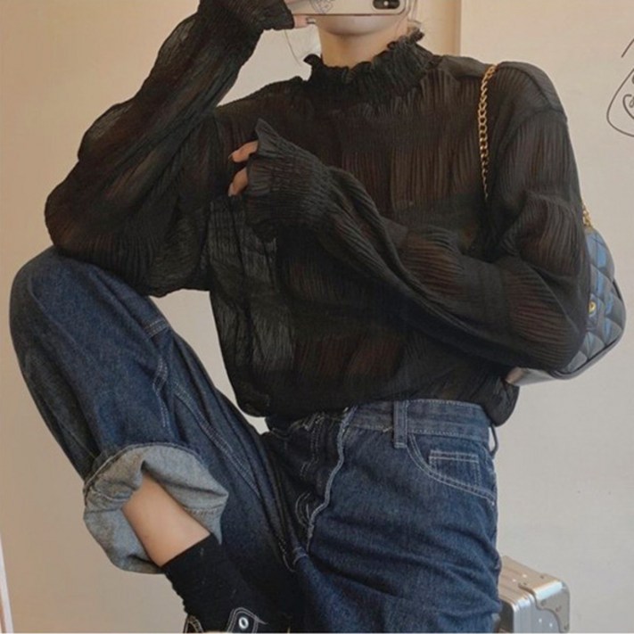 라라홀리 레이스 프릴 플리츠 목폴라 캉캉 셔링 이너 블라우스