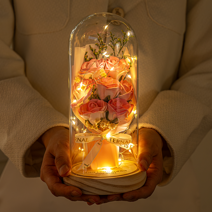 마음담은집 영생화 시들지 않는 유리돔 무드등 꽃다발, 로제 핑크