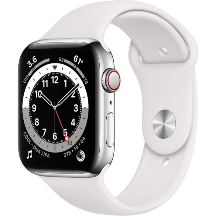 Apple Watch 시리즈 6 GPS 셀룰러 44mm  흰색 스포츠 밴드가 있는 실버 스테인리스 스틸 케이스 갱신